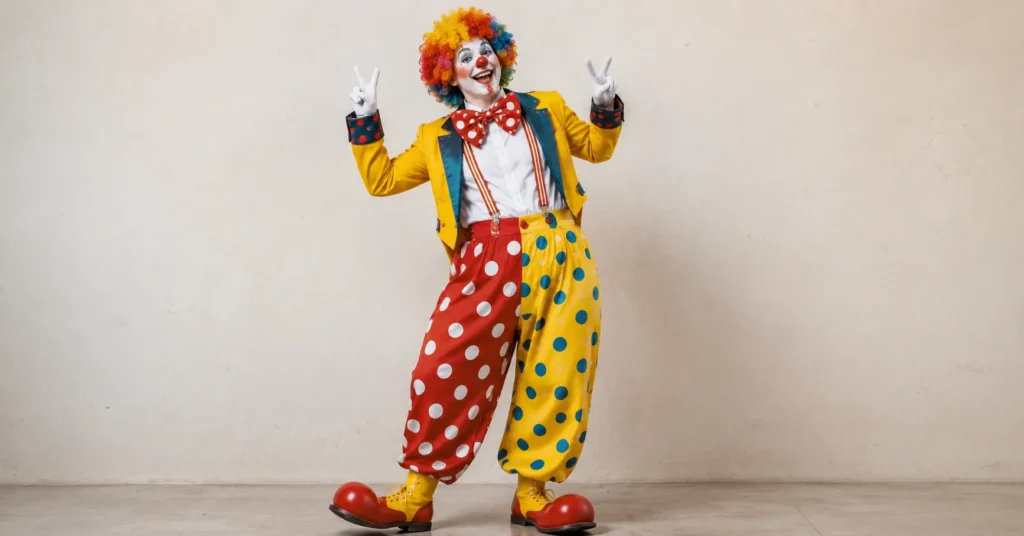 Colorful Auguste clown outfit with oversized clothing and bright accessories for clown outfit ideas inspiration.