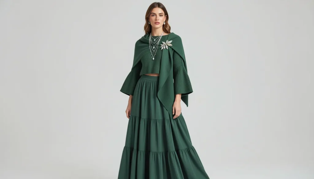Woodland healer-inspired elf fantasy modern tribe outfit ideas with flowing green layers and crystal jewelry.