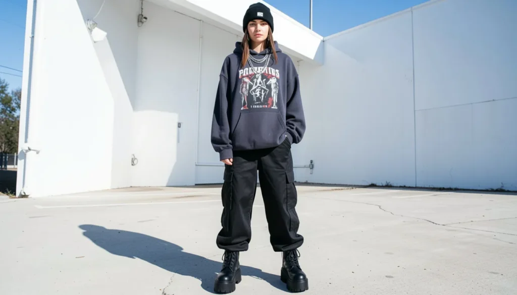 Modern dark alternative streetwear with cargo pants and chunky boots for emo outfit ideas inspiration.
