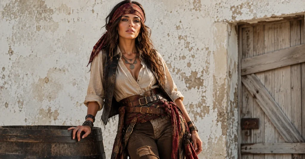 Rugged female pirate outfit ideas featuring distressed trousers and linen shirt.