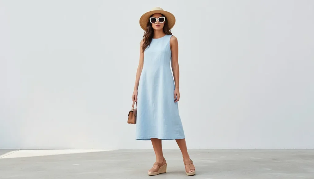 Chic summer high tea outfit ideas with linen dress and straw hat.