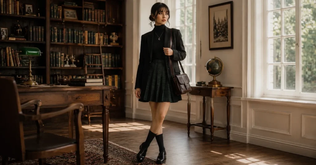 The Guide to Witch Outfit Ideas: Enchanting Styles for Every Occasion 3 Dark academia witch outfit ideas with plaid skirt, black turtleneck, and vintage-inspired accessories.