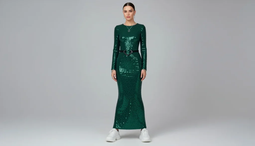 The Complete Guide to Sneaker Ball Outfit Ideas: Master Formal Comfort 5 Sneaker ball outfit ideas with sequined gown and chunky fashion sneakers.