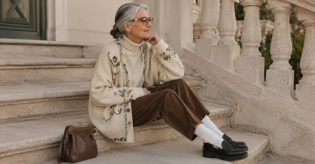 Chic Grandma Outfit Ideas: Master the Grandmacore Trend 4 Grandma outfit ideas with embroidered cardigans and vintage grandmacore fashion styling.