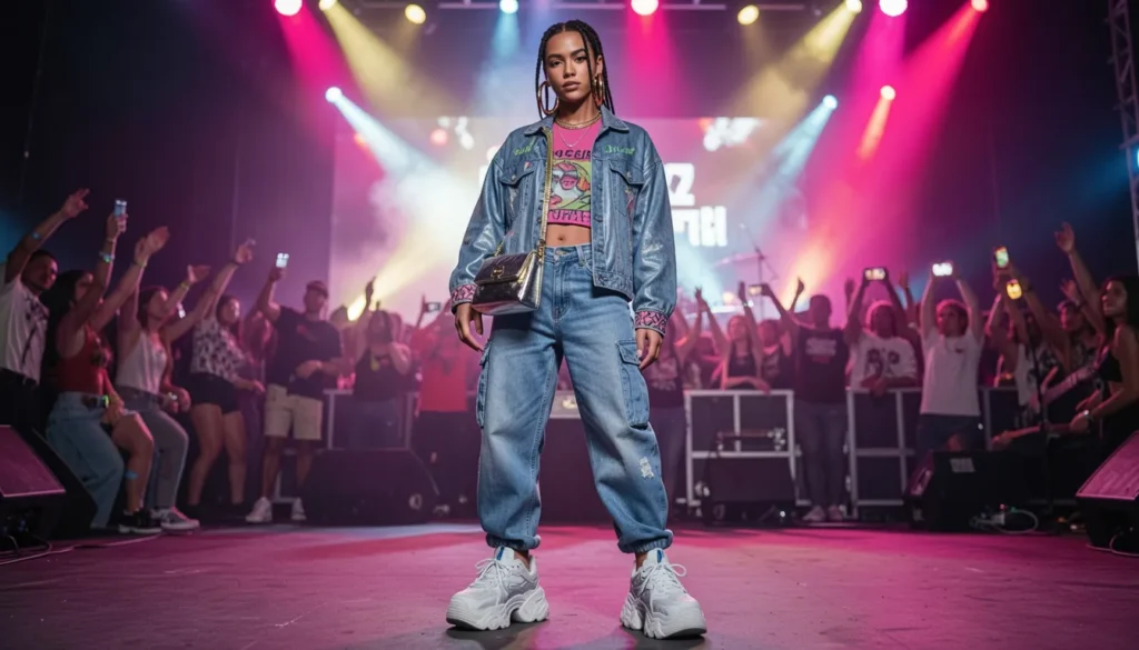 R&B concert outfit ideas with Y2K cargo pants and rhinestone baby tee fashion.