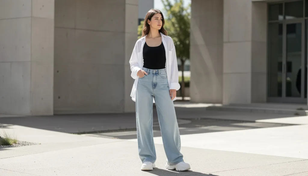 Baggy outfit ideas with wide-leg denim jeans and oversized white shirt for casual fashion