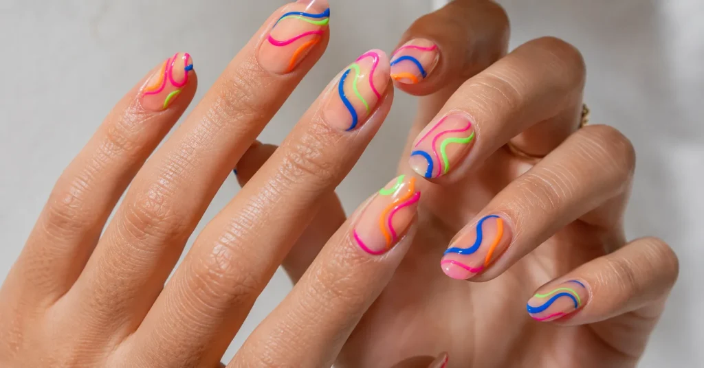 The Complete Guide to Colorful Nail Designs in 2026 4 Colorful nail designs with neon abstract swirl nail art on glossy nails