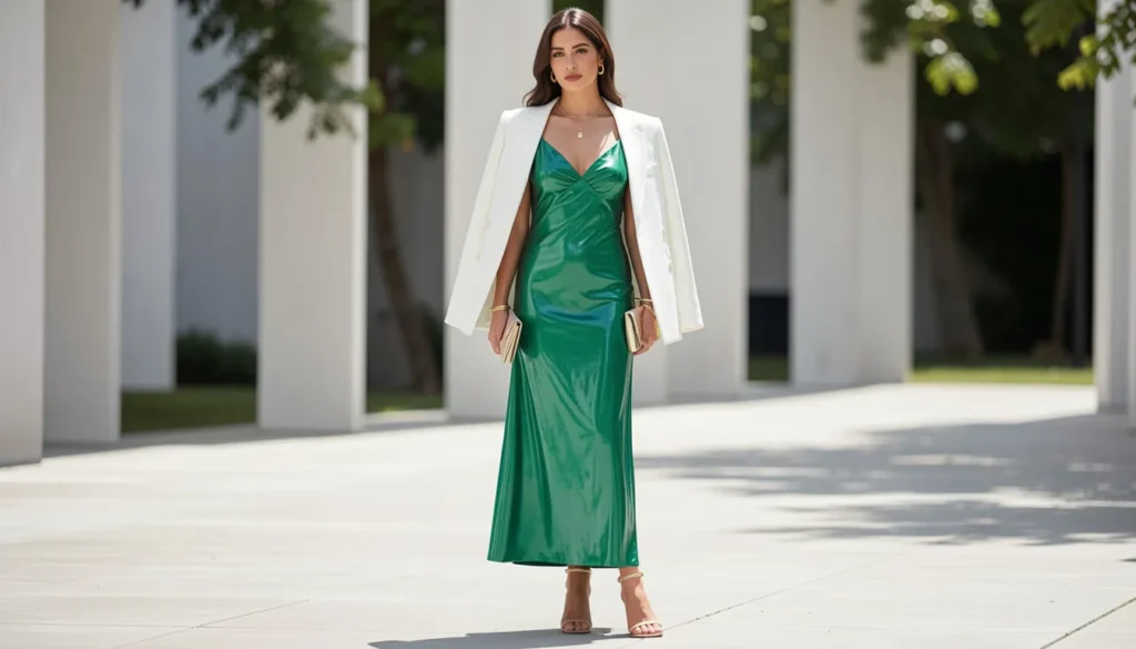 Dinner outfit ideas with elegant slip dress and blazer for romantic date night