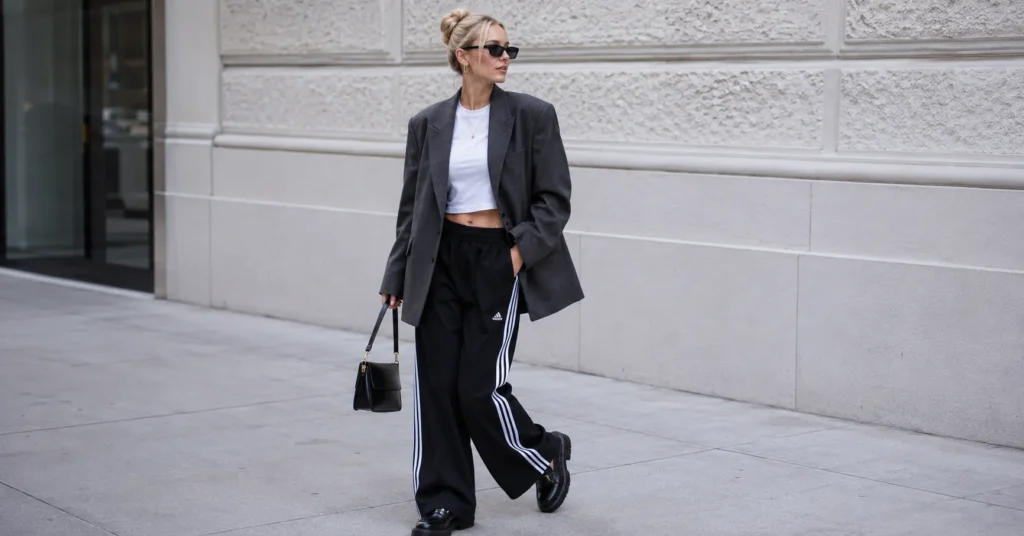 The Guide to the Elsa Hosk Track Pants Outfit: Street Style Elevated 3 Elsa Hosk track pants outfit with oversized blazer and sporty streetwear style
