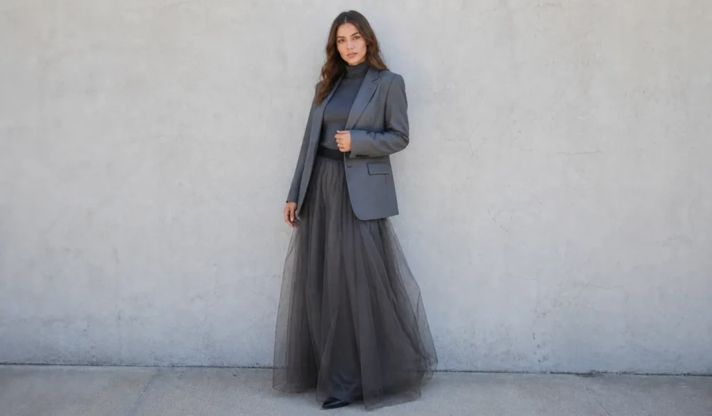 Sheer clothing trends with tulle skirt and structured jacket layering