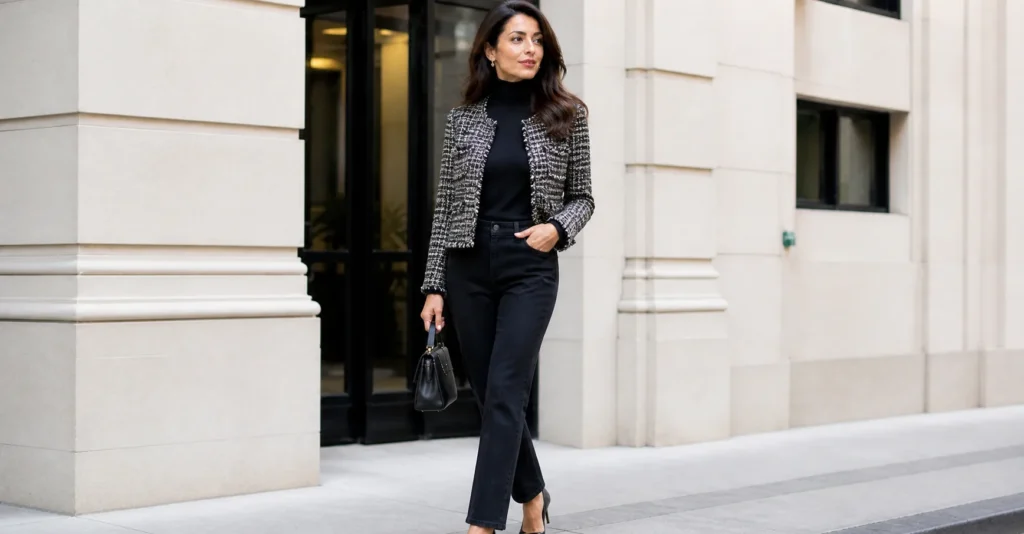 Amal Clooney outfit ideas with casual denim and tailored jacket look