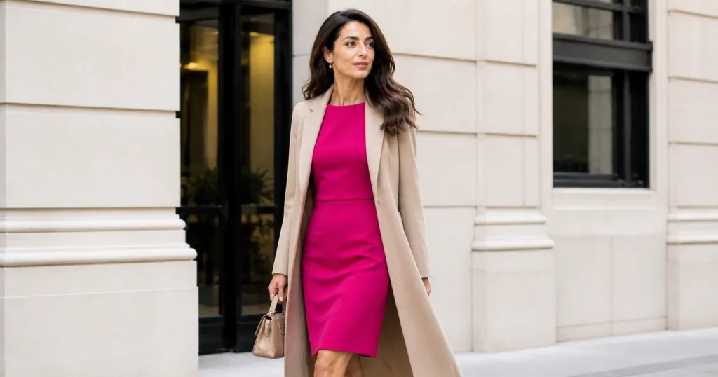 Amal Clooney outfit ideas featuring bold dress with neutral coat layering