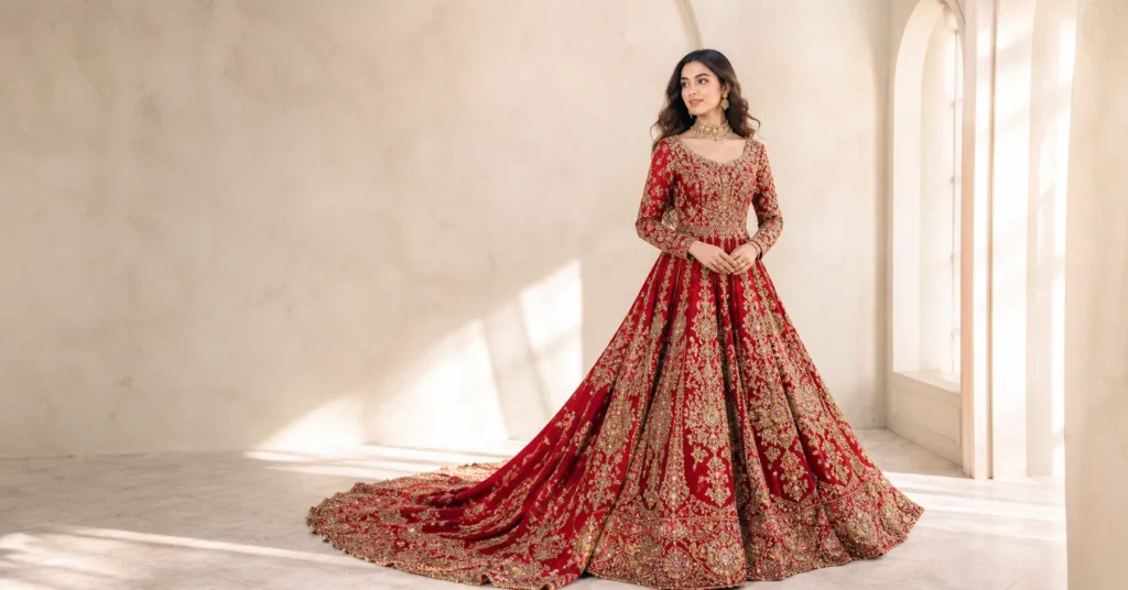 Red wedding frock bridal look with gold embroidery and elegant full-length silhouette