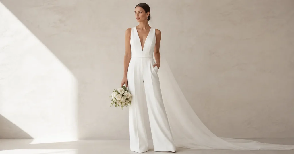 Bride in wide-leg bridal jumpsuit for reception, modern alternative wedding outfit