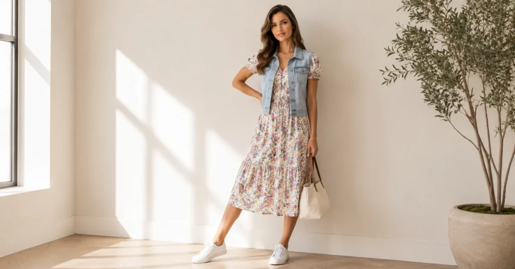 Casual spring all vest outfits for women with a denim vest layered over a floral midi dress