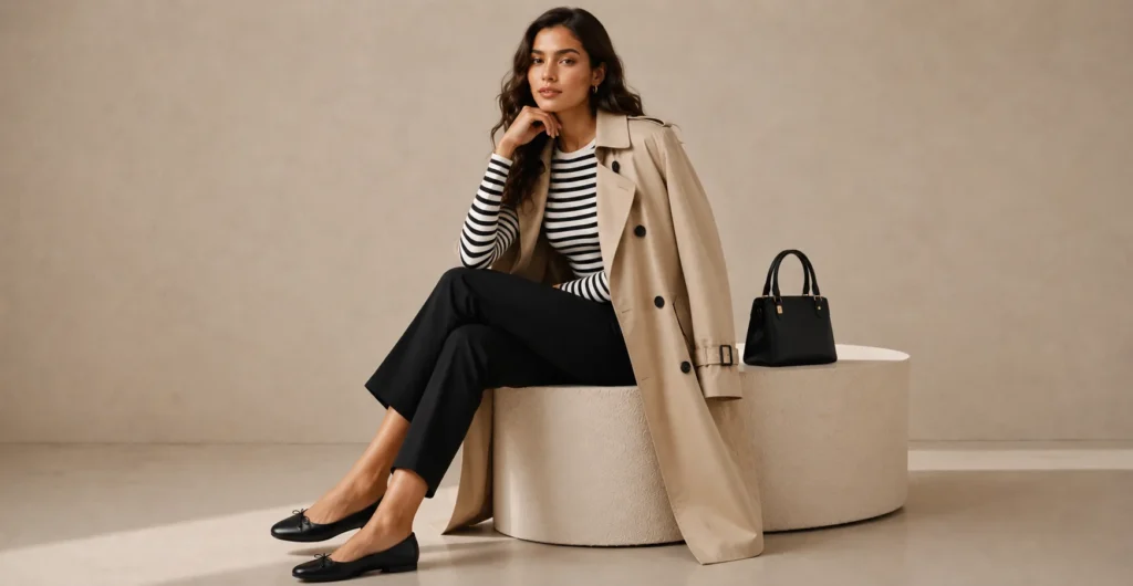Parisian ballet pumps outfit with cropped trousers and trench coat