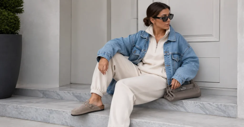 The Complete Guide to Styling a Birkenstock Clog Outfit for Every Season 4 Athleisure Birkenstock clog outfit with joggers and oversized jacket