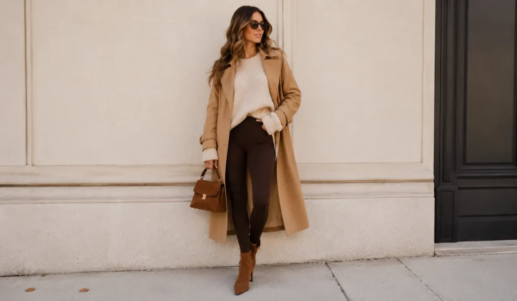 The Complete Guide to Building a Stylish Brown Leggings Outfit 4 Fall brown leggings outfit with chunky knit sweater and boots
