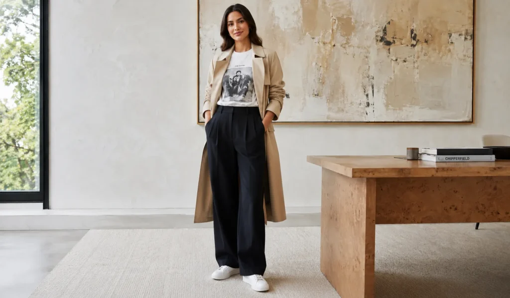 The Complete Guide to Perfect Casual Friday Outfits for the Office 5 Creative office casual Friday outfit with wide-leg trousers and sneakers