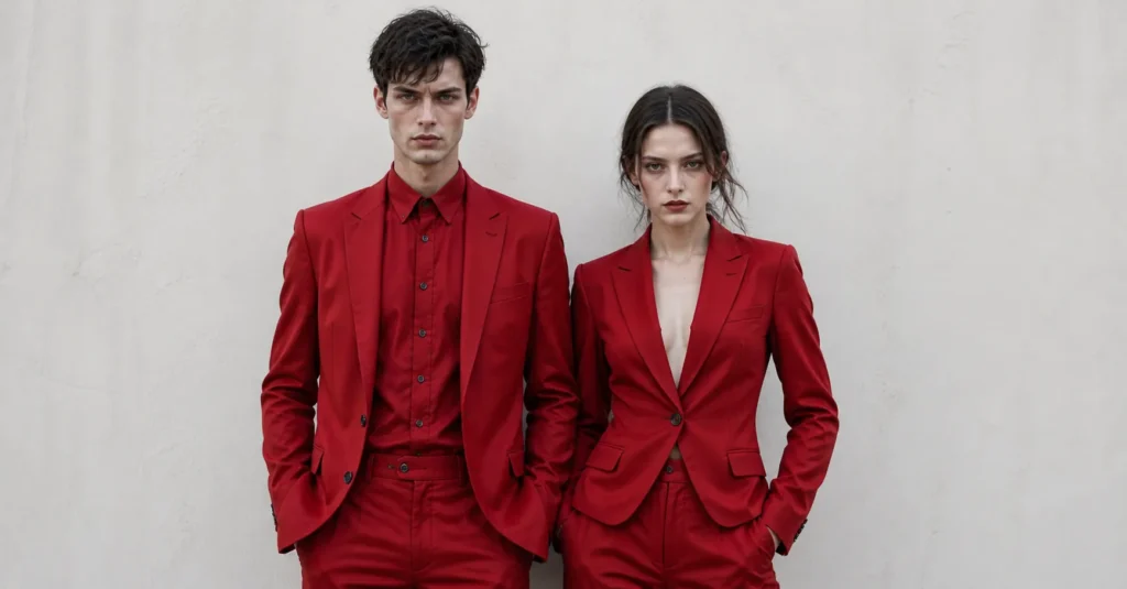 Couples scary Halloween outfits inspired by doppelgänger red costume theme