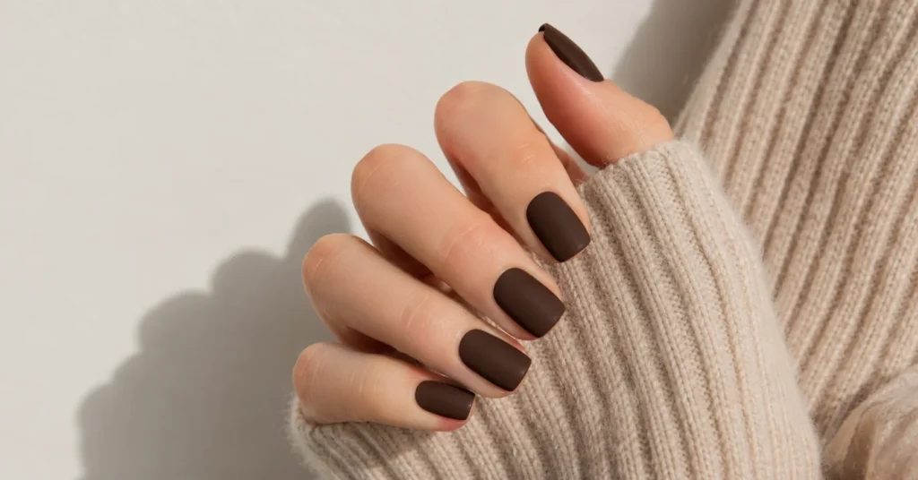 15 Stunning Chocolate Brown Nails Ideas for Your Next Manicure 7 Matte espresso chocolate brown nails with cozy sweater styling