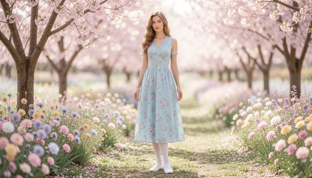How to Build the Perfect White Tights Outfit: Styling Tips and Ideas 7 Pastel spring white tights outfit with floral dress