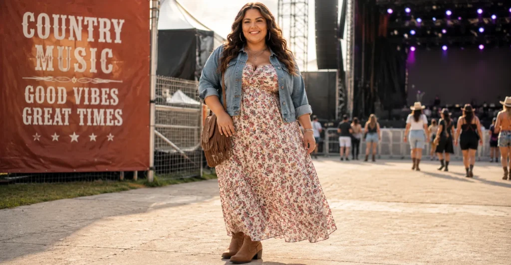 Plus size concert outfit ideas for country music festivals with floral maxi dress and denim jacket styling.