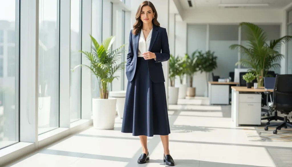 Drop waist outfit ideas for work featuring a polished midi dress and blazer combination