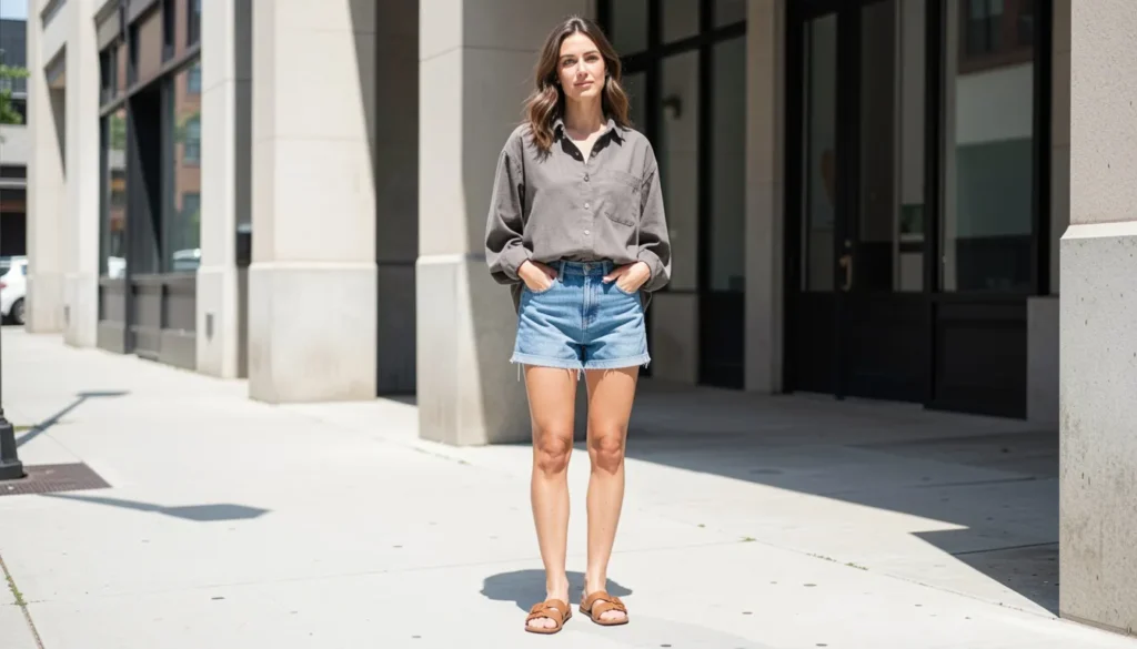 Street Style Outfit Ideas: How to Build Chic, Wearable Looks Year-Round 4 Summer street style outfit ideas featuring denim shorts, oversized shirt, and sandals for casual city looks