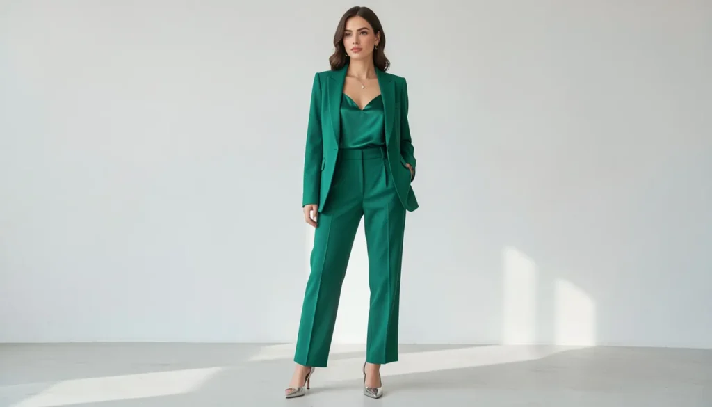 Woman styling a tailored pantsuit as a fashionable cocktail clothes for women alternative to dresses.