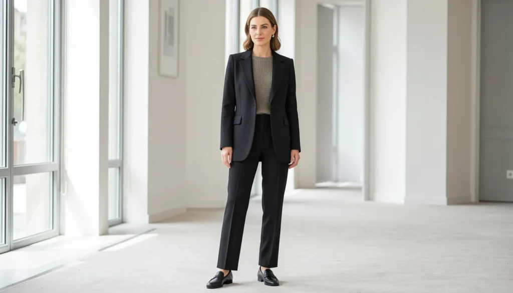 Cool outfits showcasing a polished work outfit with tailored trousers and blazer.