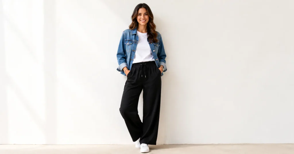 Drawstring pants for women styled with a white t-shirt and denim jacket for everyday wear.