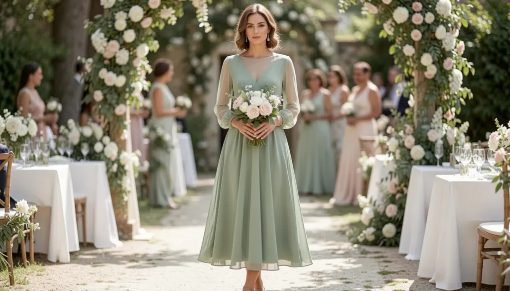 Summer wedding guest dress with sheer sleeves in elegant chiffon fabric for formal celebrations.