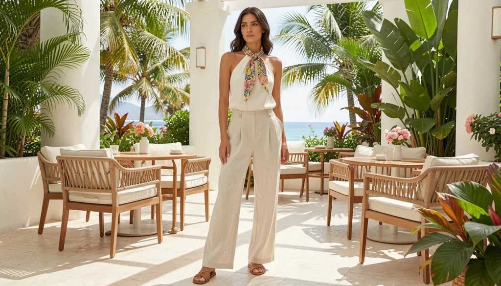 Halter scarf tops clothing styled with linen pants for a fashionable summer outfit.