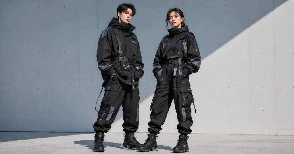 Couple wearing matching futuristic cyberpunk outfits with reflective streetwear styling.