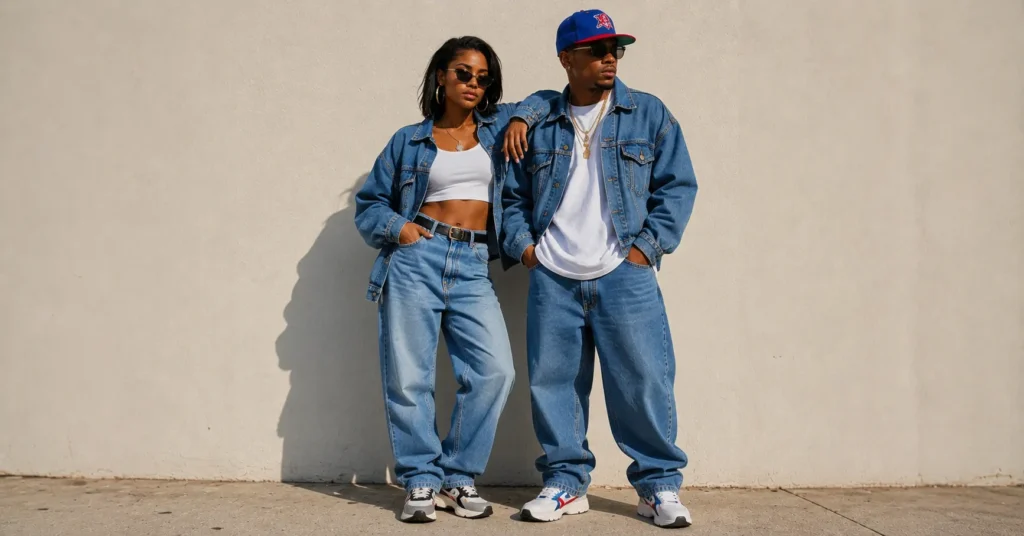 Couple wearing denim-on-denim 90s Freaknik outfits with oversized retro streetwear fashion.