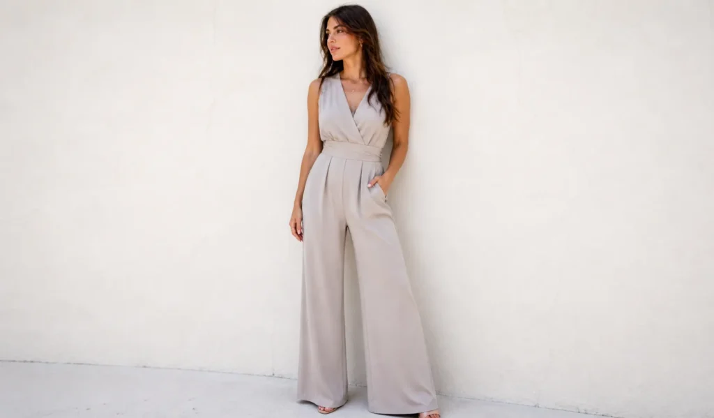 Woman in a wide-leg jumpsuit styled for a chic and comfortable concert outfit