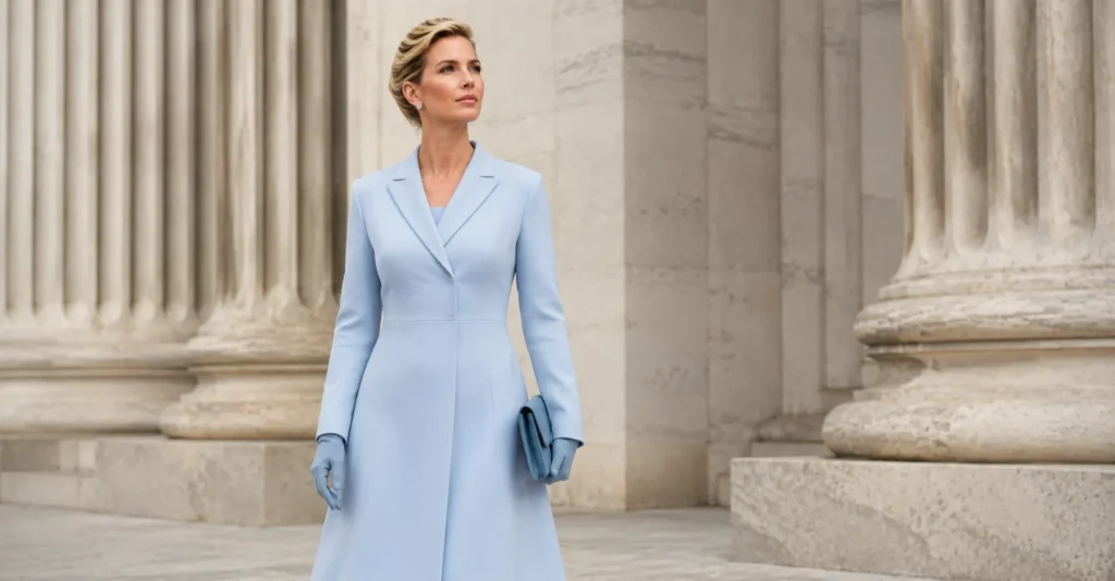 Structured coat dress inspired by the Melania Trump inauguration outfit and classic formal fashion.