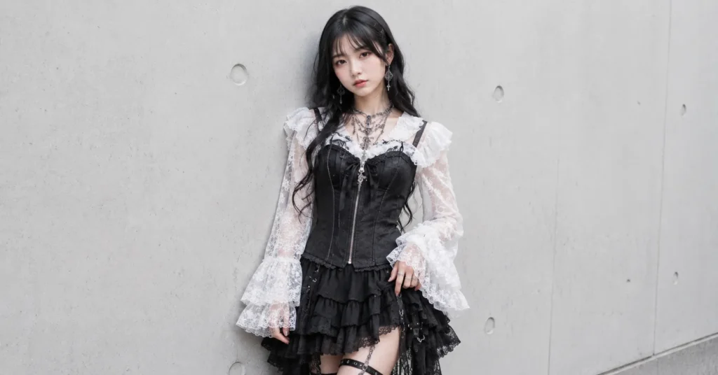 Misa Amane outfits with gothic corset styling and elegant alternative fashion details.