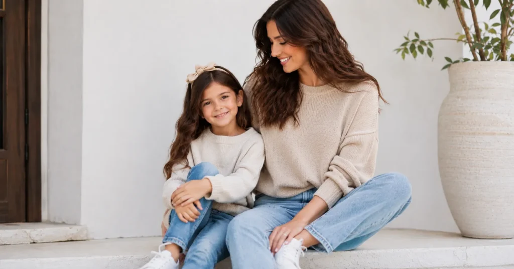Casual mommy and me outfits with matching sweaters and jeans for everyday family style.
