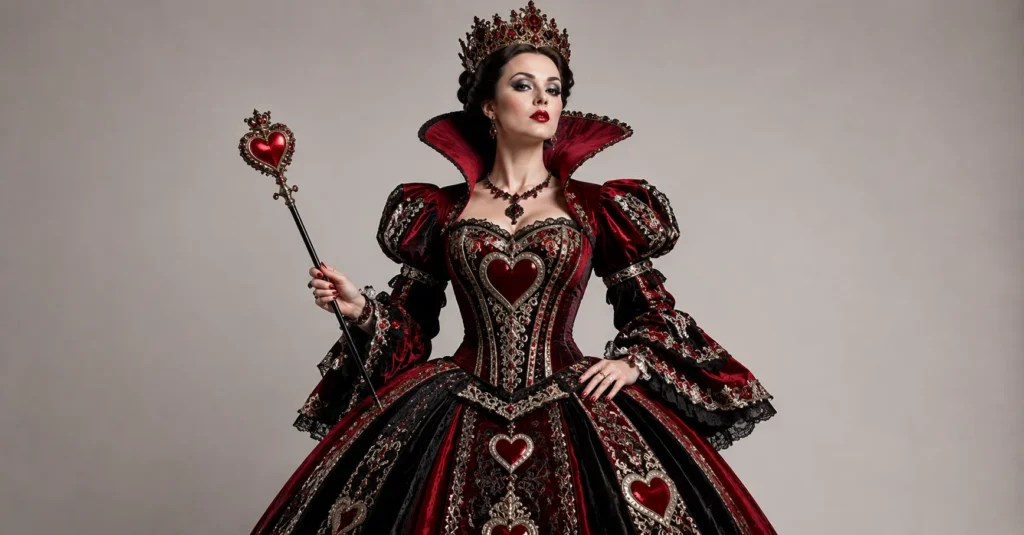 Gothic Queen of Hearts outfit with luxurious fantasy-inspired royal fashion styling.