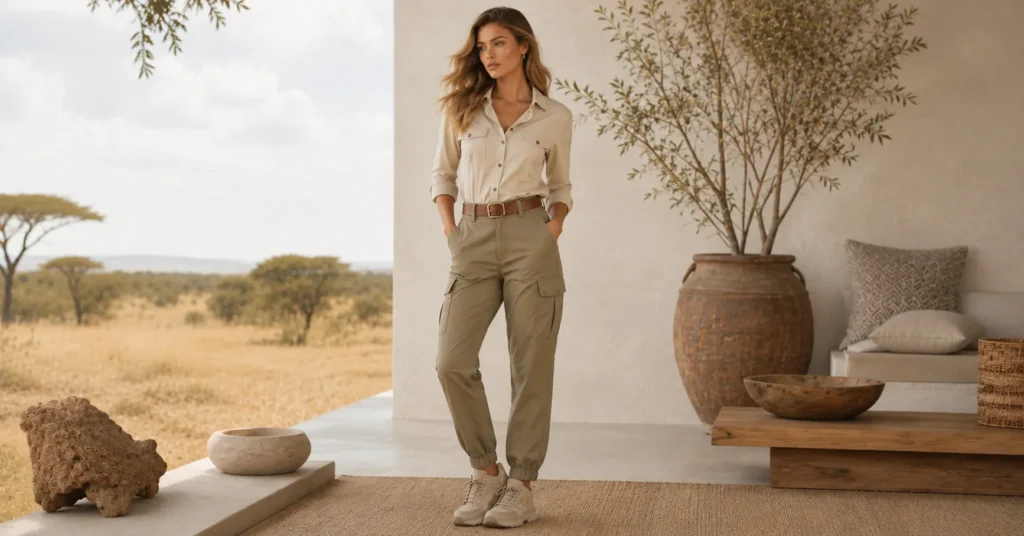 Luxury female safari outfit with linen dress, leather belt, and elegant travel accessories.
