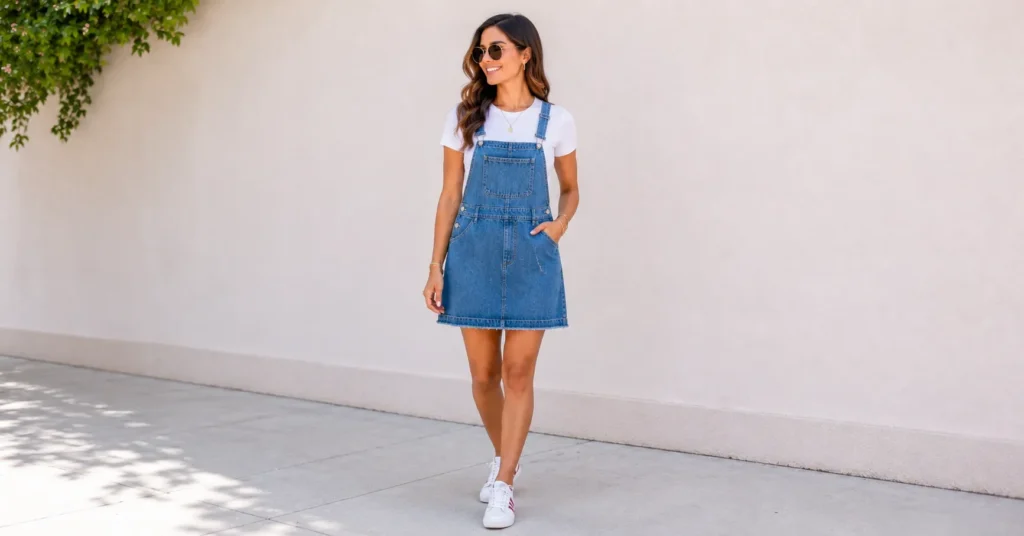 Denim dresses and outfit look featuring a denim pinafore dress layered with a white tee.