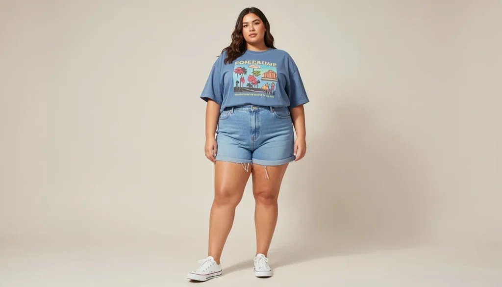 Plus size summer outfits featuring high-waisted denim shorts and oversized graphic tee.