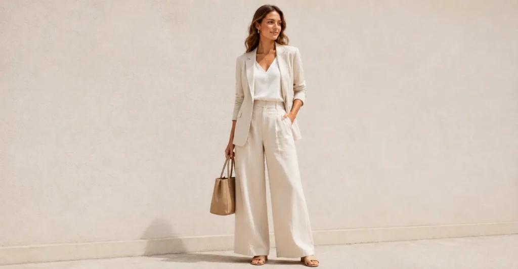 Summer outfit inspiration for women featuring breathable office wear with linen trousers and a silk blouse.
