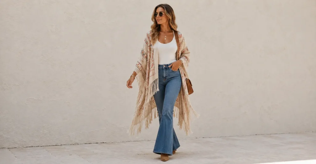 Summer poncho outfit inspiration with a boho fringed poncho and flared jeans for festival style.