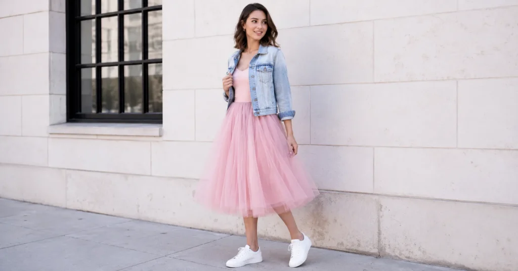 Casual pastel tulle dress outfit styled with sneakers and denim jacket in daylight.