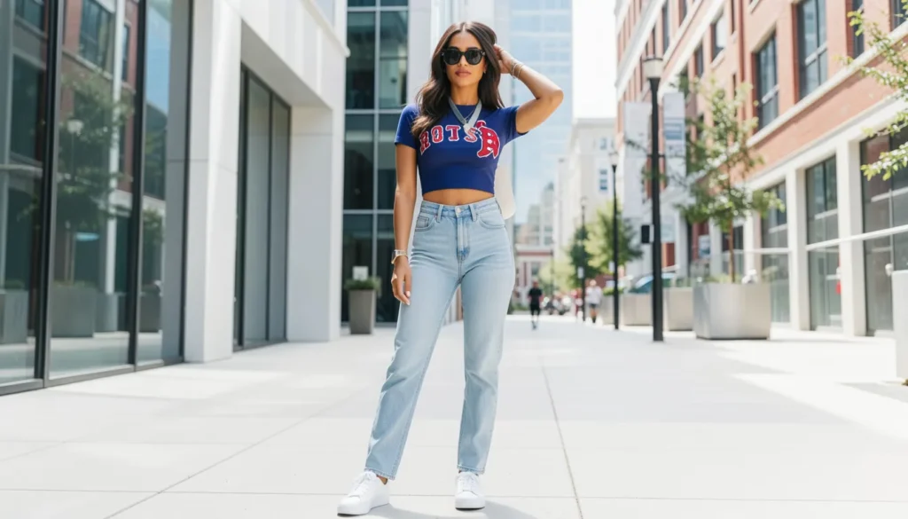 Sporty chic female Red Sox outfit with fitted team shirt and high-waisted jeans.