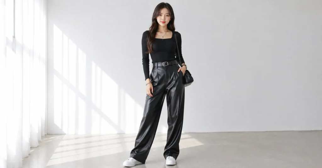 All black monochrome Arirang concert outfit with leather pants and ribbed top