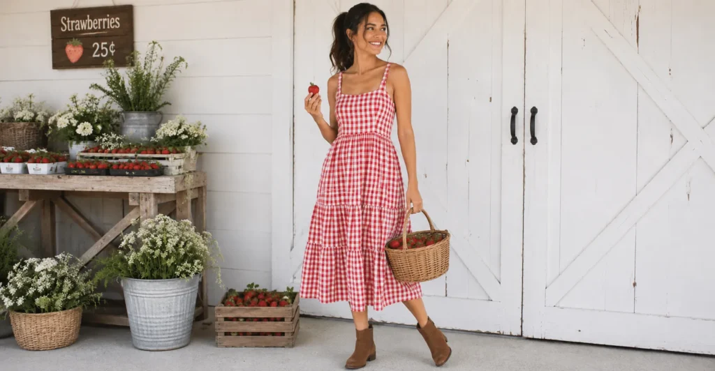 Strawberry picking outfit featuring a gingham midi dress and ankle boots for a chic farm-inspired look.